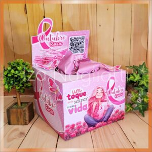 Dispenser grande 18 x 13 cm com pacotinhos e frases – outubro rosa