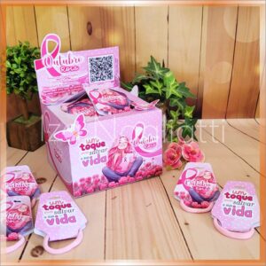 Dispenser pequeno 12 x 9 cm com tag para xuxinha – outubro rosa