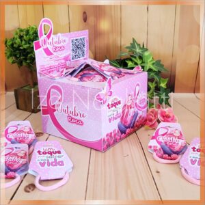 Dispenser pequeno 12 x 9 cm com tag para xuxinha – outubro rosa