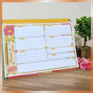 Planner semanal floral azul e laranja com capa dura cartonagem