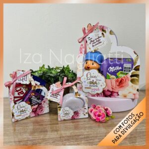 Trio de sacolas de coração P, M e G – Parabéns